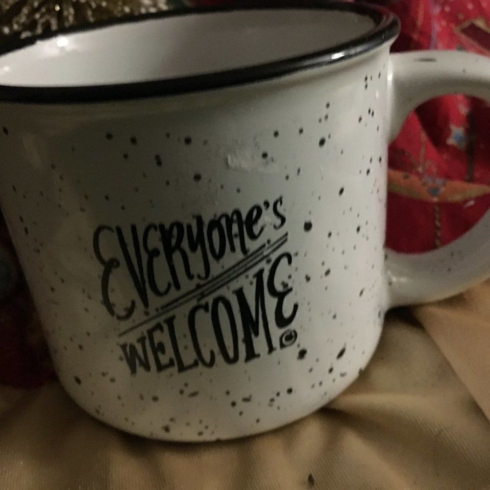 ENAMEL MUG Farmhouse WHITE & BLACK SPECKLED coffee  Everyone's Welcome